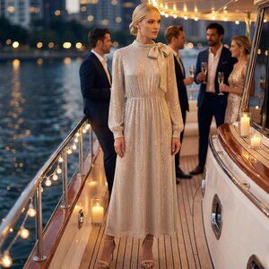 Elegant Champagne Sequin Midi Dress Long Sleeve Premium Style